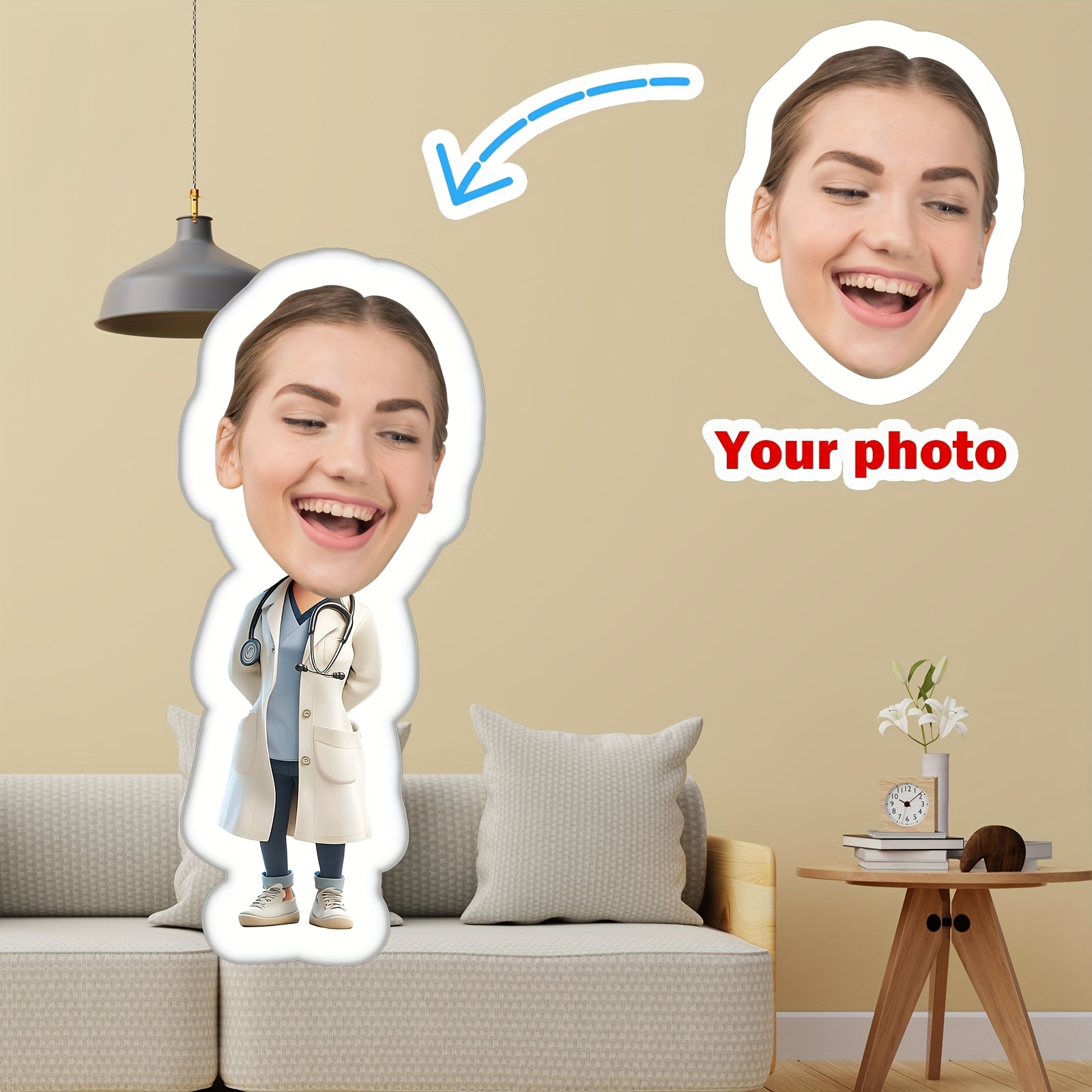 新しいビッグヘッドドクタースタイリング 1 カスタマイズされた 3D フェイシャルピロー パーソナライズされた写真クッション、明るい色、ベルベット生地、ユニークなギフト