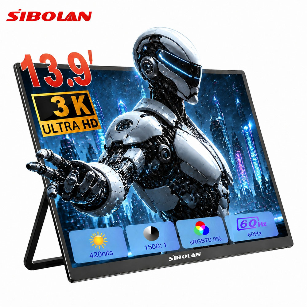 Sibolan 13.9 インチ 3K ポータブルモニター 72% sRGB 60Hz HDMI Type-C プラグ内蔵マウントラップトップディスプレイエクステンダー Windows Mac 用