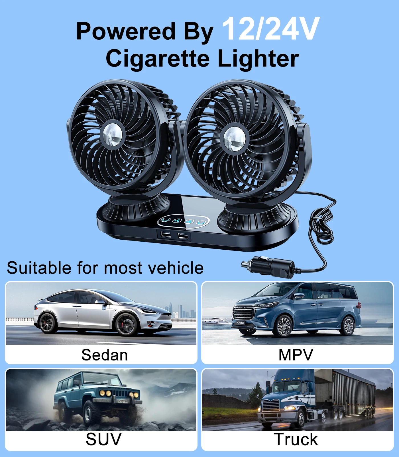 Hipacool デュアルヘッド車ファン 12 V/24 V ポータブル自動冷却ファン 360 度回転可能ダッシュボード用 3 速度強風空気循環