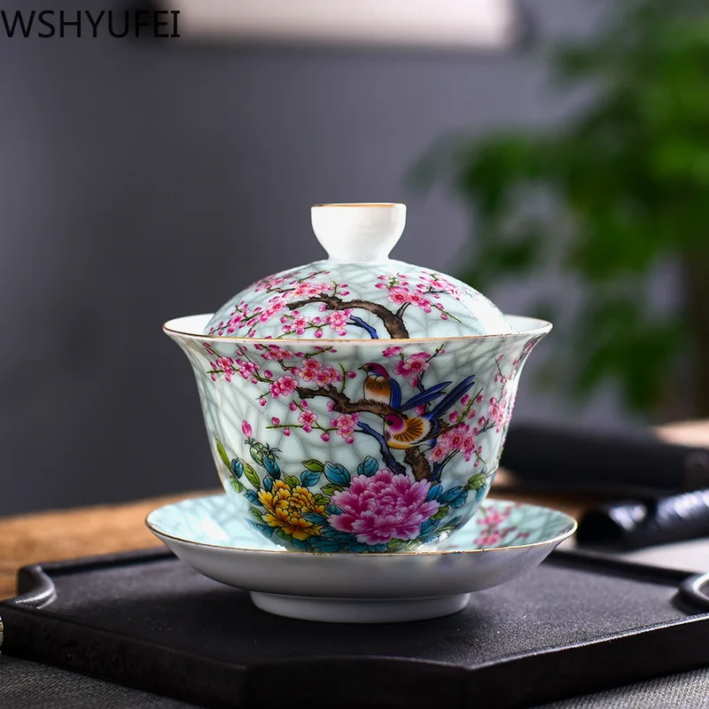 WSHYUFEI 景徳鎮磁器アート鳥 Gaiwan セラミックフラワーティーボウルソーサー蓋キットマスターティーチュリーンドリンクウェアギフト 180 ミリリットル