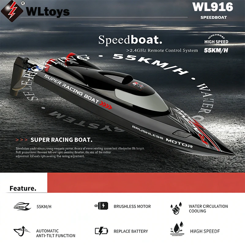 WLtoys WL916 高速 RC ボート 2.4Ghz 55KM/H ブラシレスモーターレーシングボート ナイト 3S 11.1V 1800mAh リチウム電池付属 ギフト付き