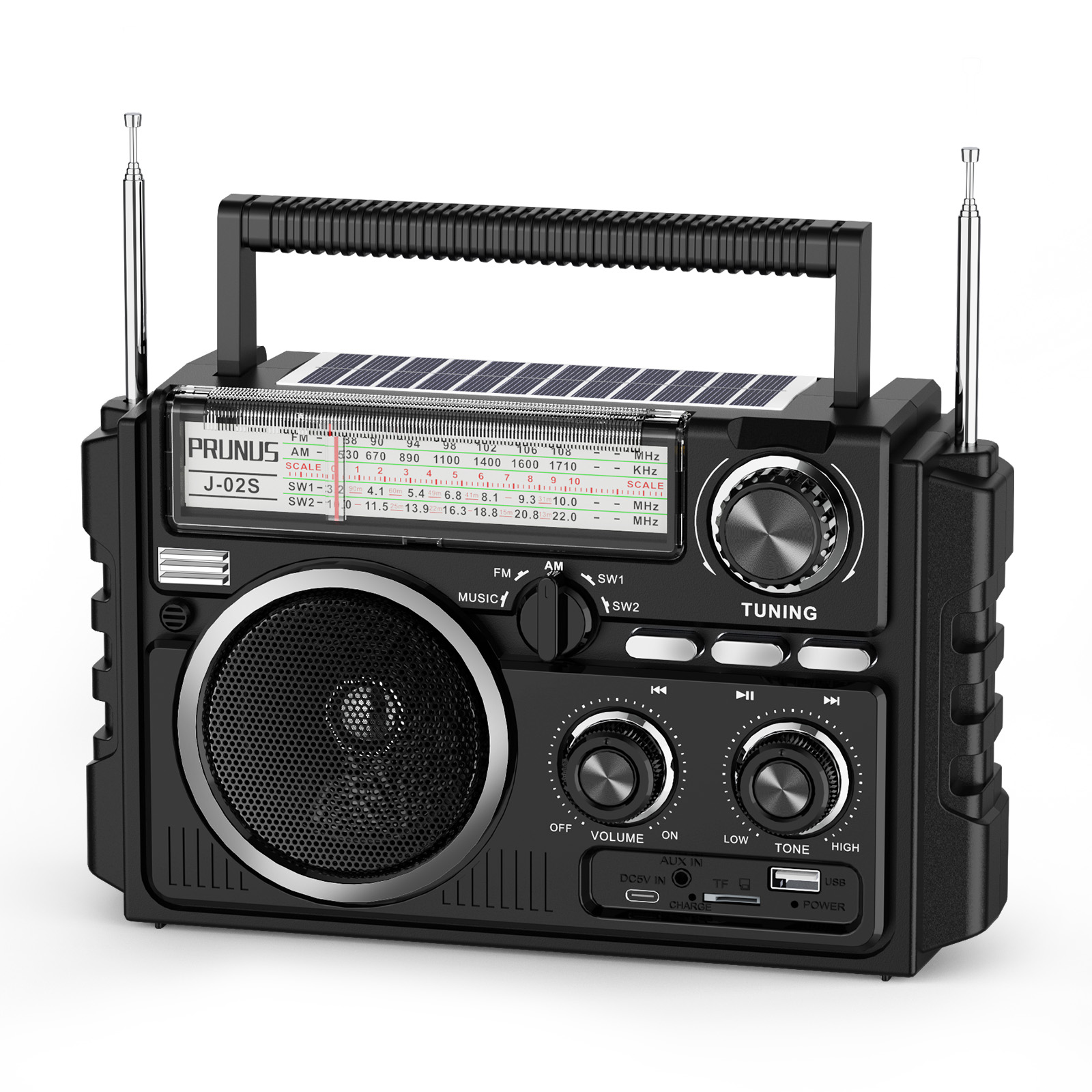 J-02S AM FM SW ラジオデュアルアンテナポータブル受信、ソーラー 1800mAh 充電式バッテリー Bluetooth 音楽プレーヤー屋外用
