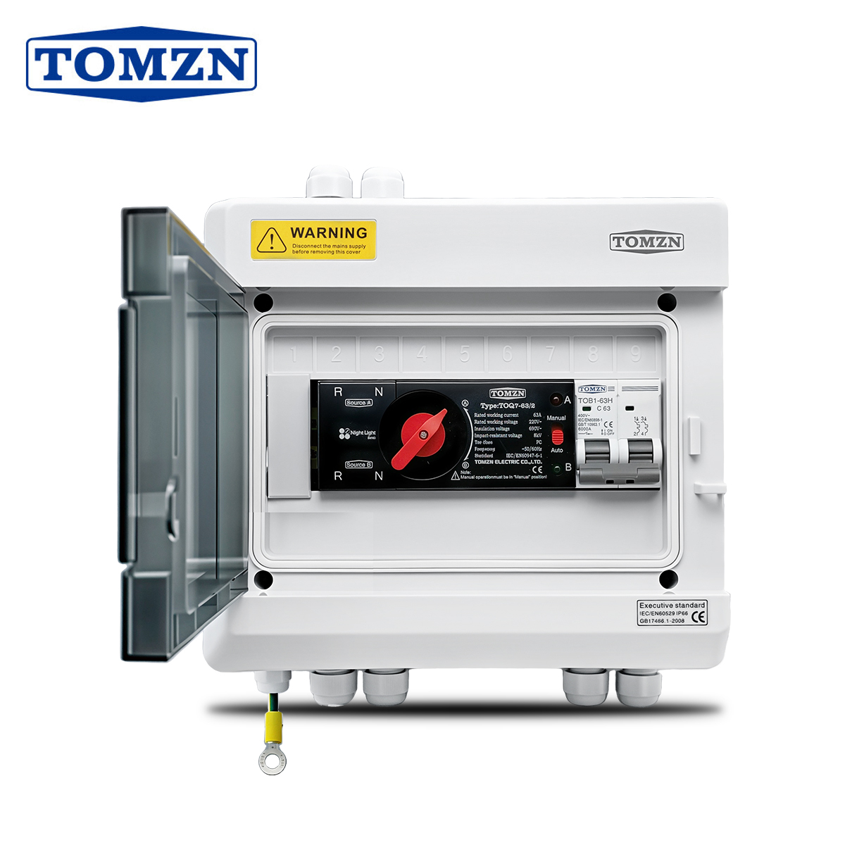 TOMZN 配線済み 63A 2P デュアル電源自動転送スイッチボックス MCB 短絡保護機能付き 穴あけ不要 ATS