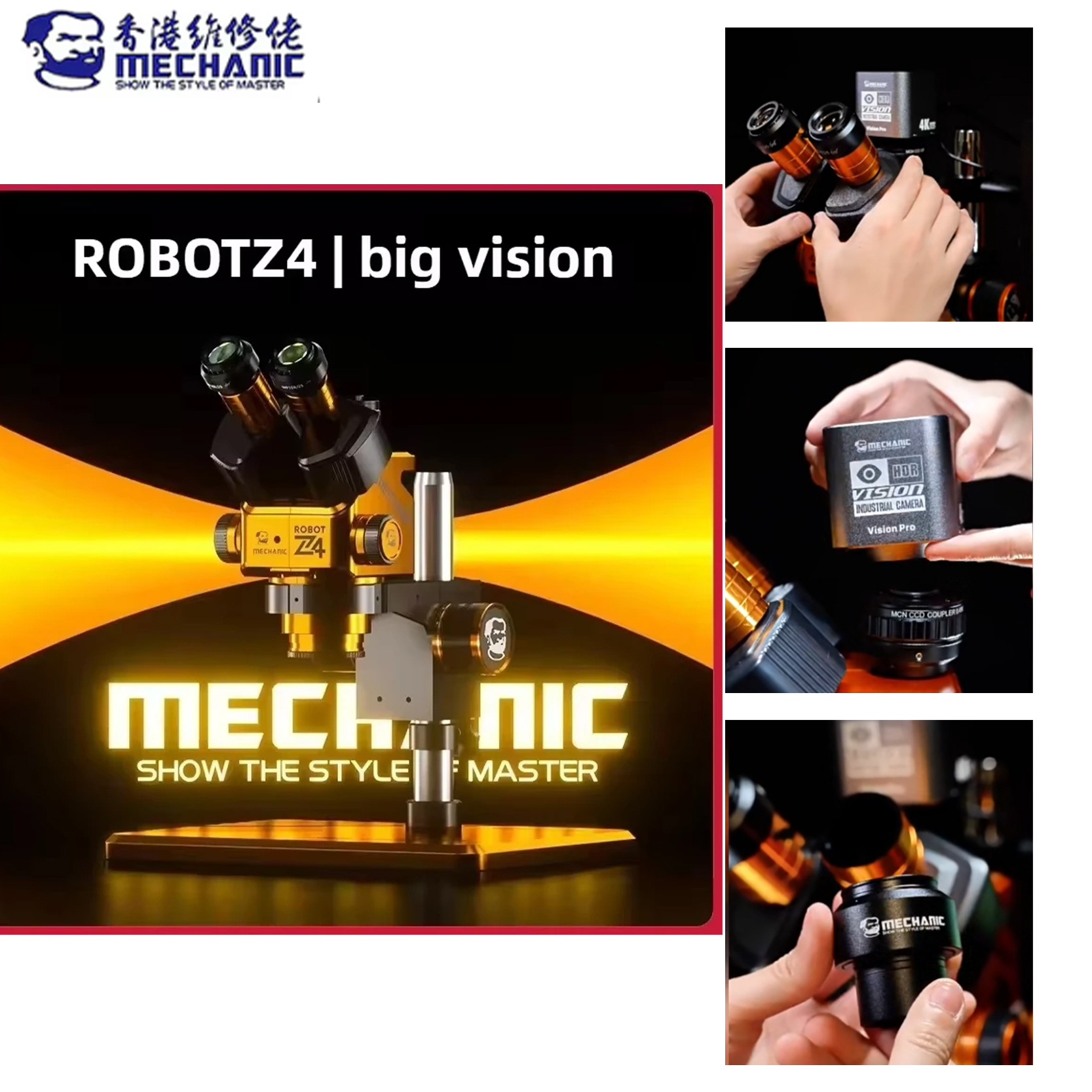 MECHANIC ROBOT Z4-B11 三眼顕微鏡、6.5X-60X 連続ズーム WF10X25 4K Vision Pro カメラ付き PCB 修復ツール用