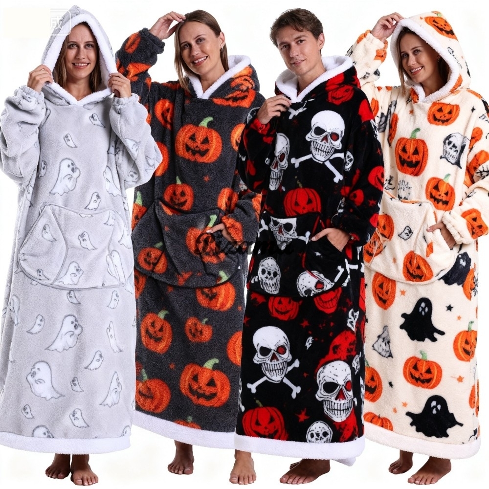 ハロウィン冬暖かいナイトガウンワンピースフード付きテレビ毛布フランネルナイトローブ大人のバスローブ頭蓋骨カボチャ男夜着