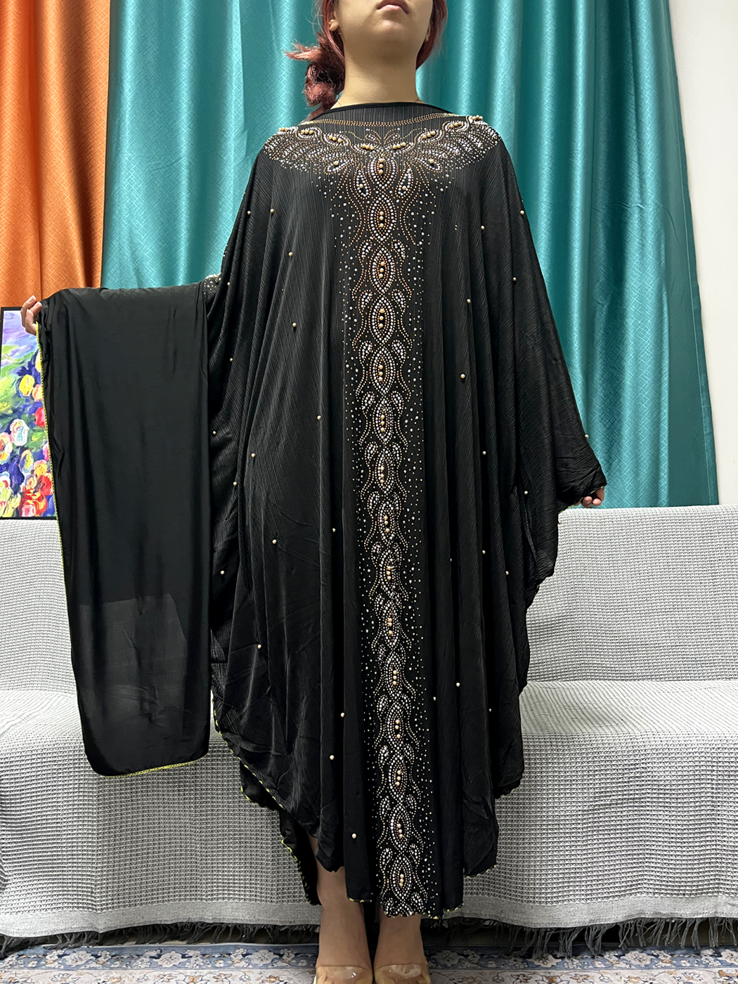 イスラム教徒ラマダン黒アバヤ女性のための 2023 ドバイシフォンダイヤモンド Boubou ルースファムローブアフリカイスラム祈り衣服ターバン