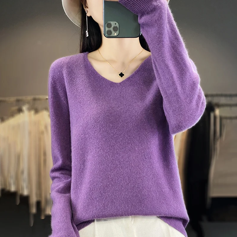 女性 100% メリノウールセーター V ネックベーシックプルオーバー秋冬カシミヤ服長袖ソフトニットトップス無地
