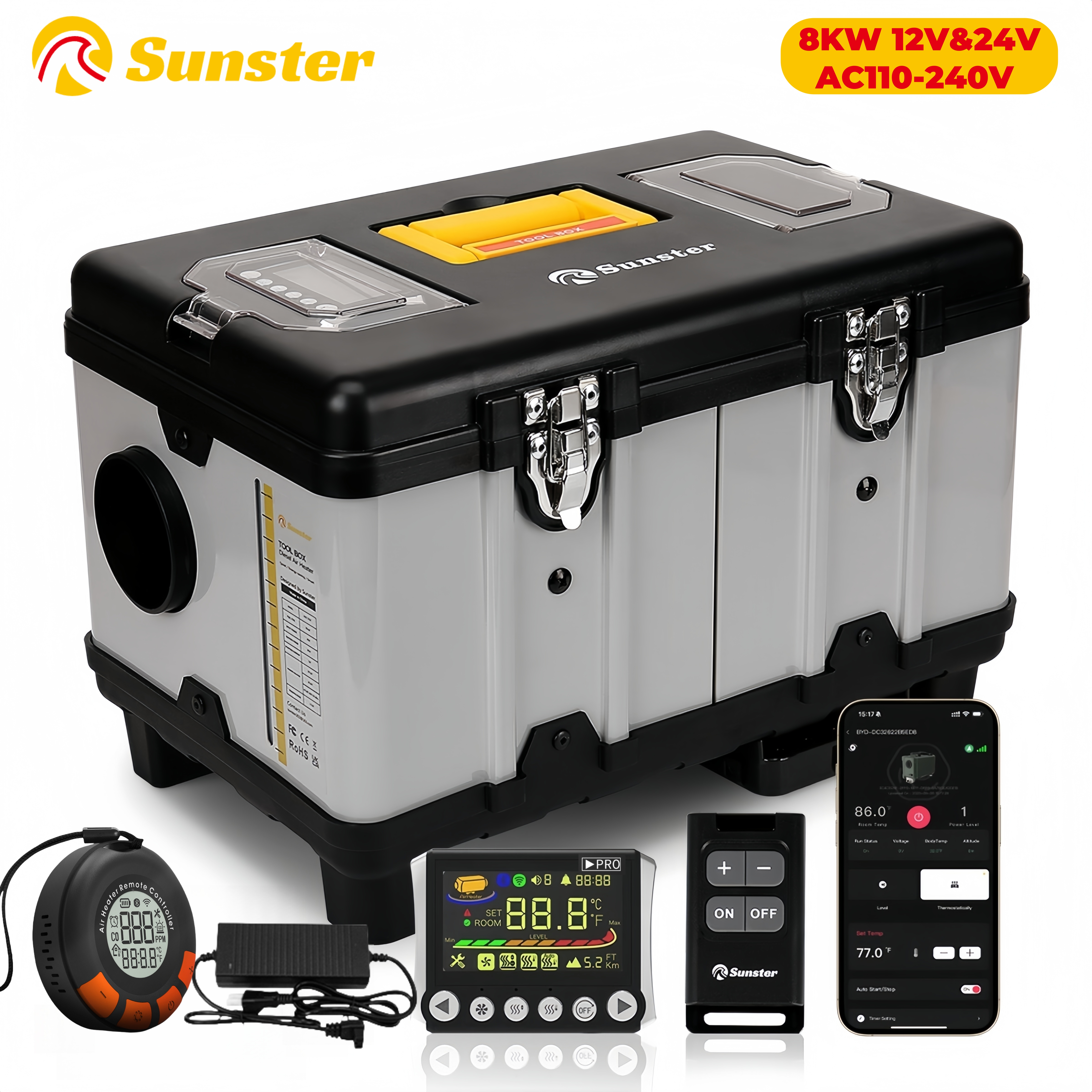 TB10pro 8KW 12/24/220V ディーゼル補助ヒーター CO アラーム付きポータブル高原ナイトヒーター車 RV キャンピングカーテントホームガレージ用