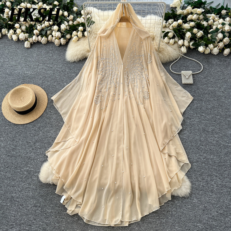 HKSH 夏新女性のシックなファッションエレガントな刺繍花ダイヤモンドフード付きケープコート不規則な薄いマントメッシュトレンチ HK6072
