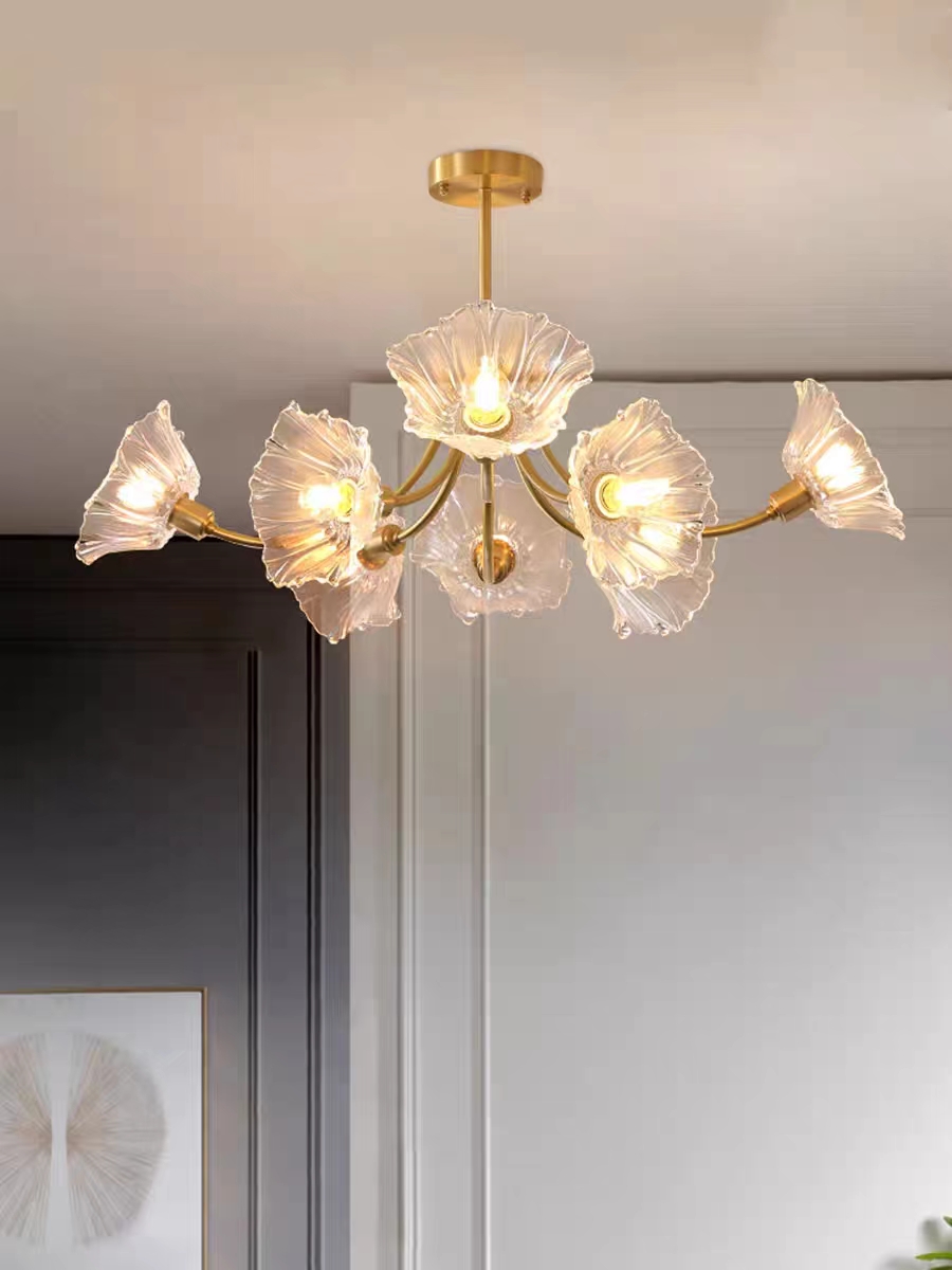 Modern Creative Flower Chandelier Glass Ceiling Light Bedroom Hallway Living Room Copper Pendant Lamp Bedroom Kitchen Decoration