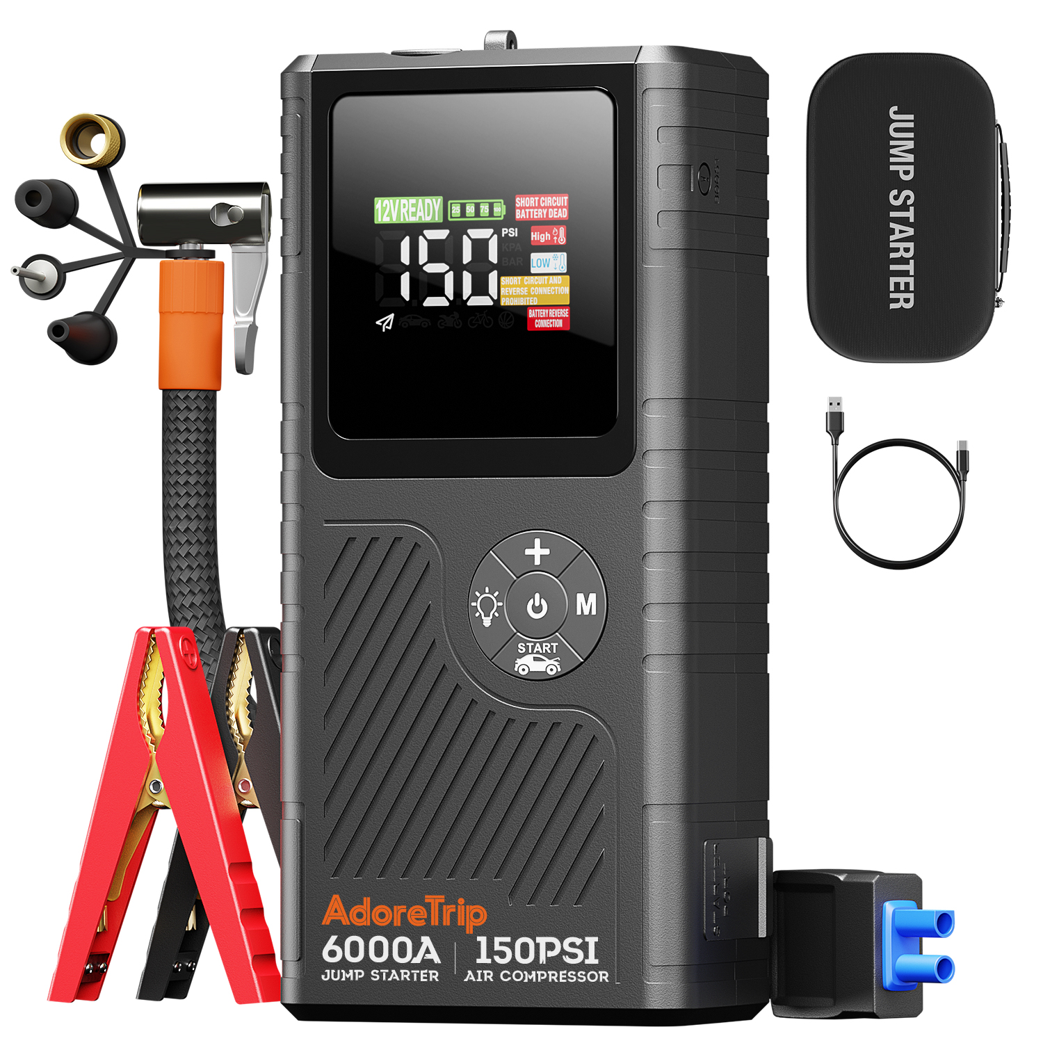 AdoreTrip 6000A 20000mAh 車ポータブルジャンプスターターエアコンプレッサー 12V 車のバッテリースターターブースター起動装置