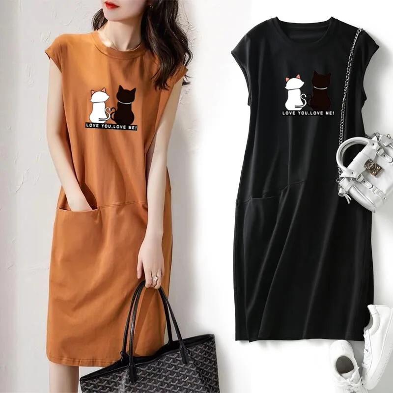女性の夏のかわいい猫プリントドレス韓国ファッション美的服カジュアルストリート黒ルーズミディドレス女性のための 2023