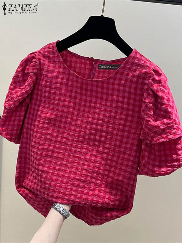 ZANZEA 女性夏のギンガムチェックブラウスカジュアルショートパフスリーブ O ネック Blusas レジャー普段着通勤シャツトップス
