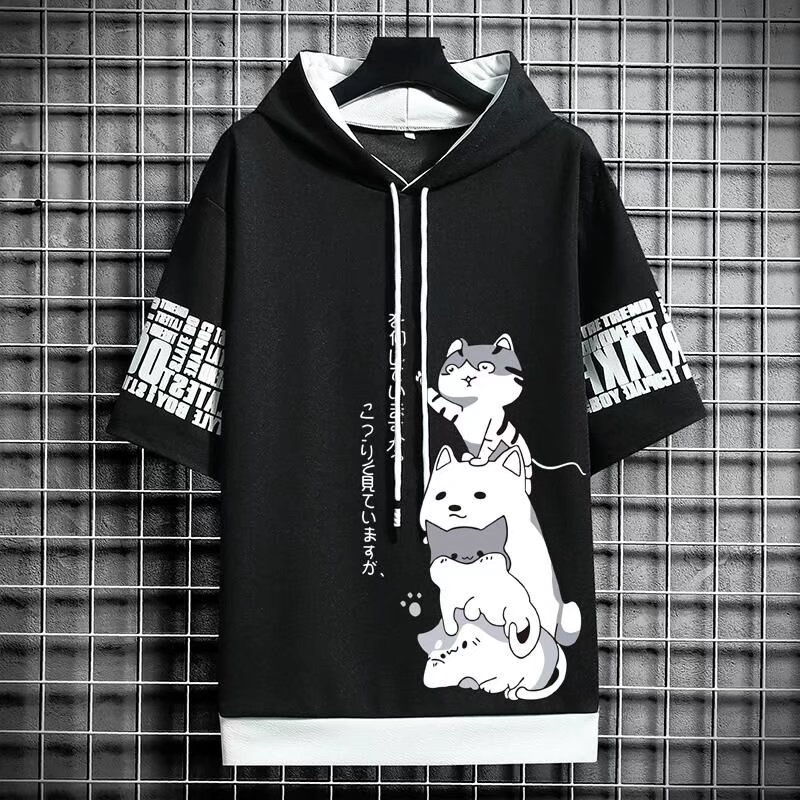 日本ファッションメンズパーカー夏の男性服漫画カジュアル原宿ストリートプリントフード付きトップ半袖スウェット男性