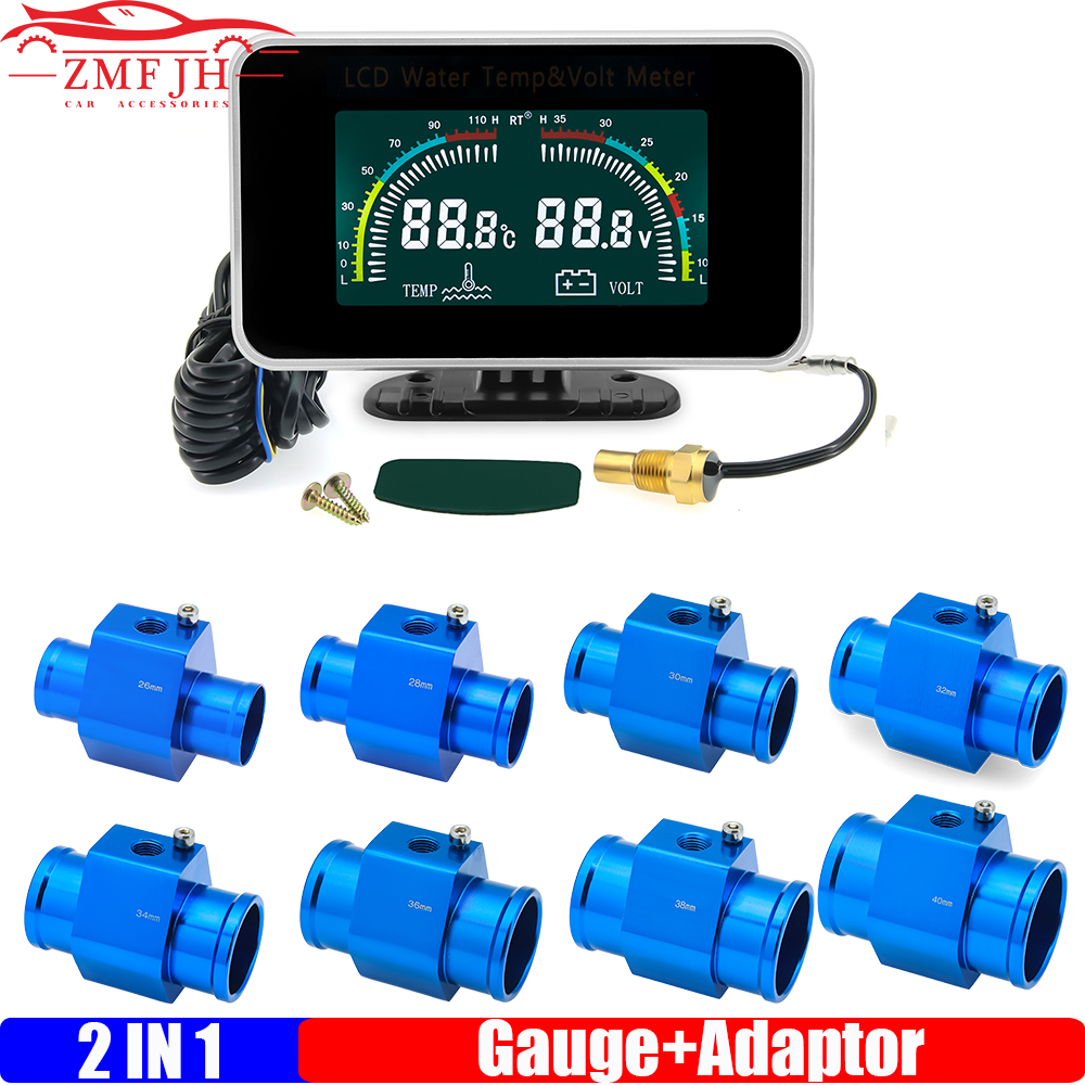 ZMFJH ユニバーサル自動車デュアルゲージ 2 IN 1 LCD ゲージセンサー水温電圧計水温ジョイントセンサー 26-40MM