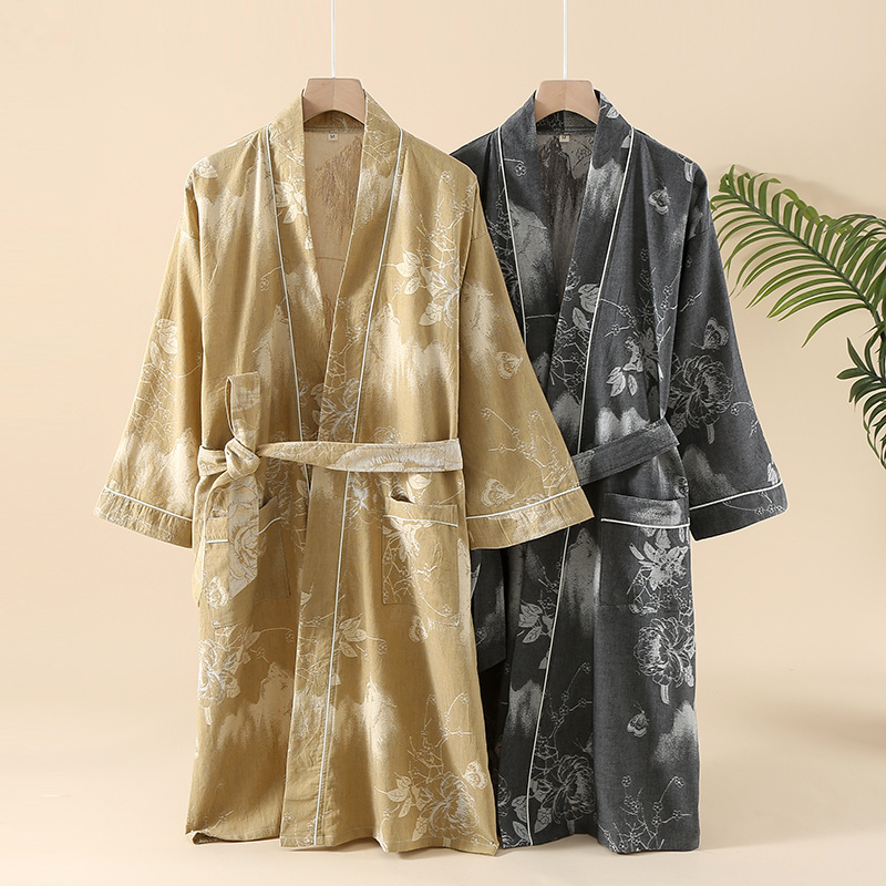 カラー織りジャカードカップルパジャマ服四季薄いカーディガンローブ春と夏のバスローブ用ベルト付き