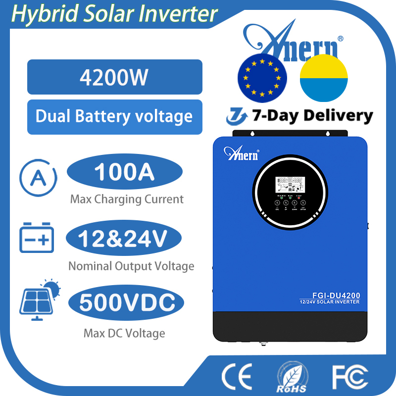 Anern 4200 ワットハイブリッドソーラーインバーター 230V AC 純粋な正弦波 LCD ディスプレイ自動 12V 24V デュアル電圧 BMS インバーターソーラーシステム用