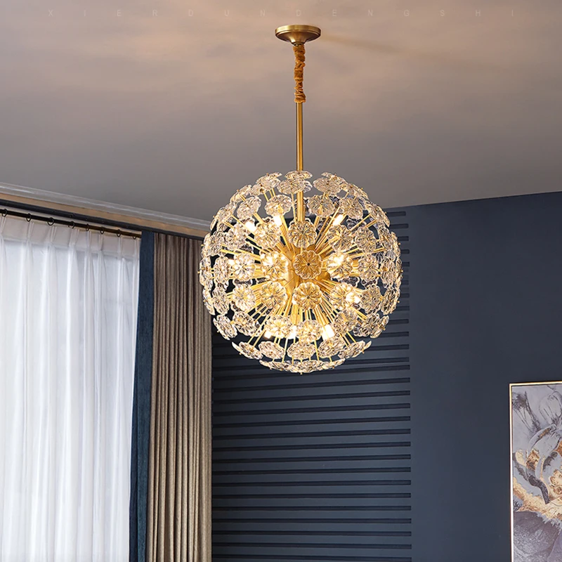 2024 新銅タンポポクリスタルシャンデリアリビングルームレストランラウンドボール LED ペンダントランプ寝室の装飾照明