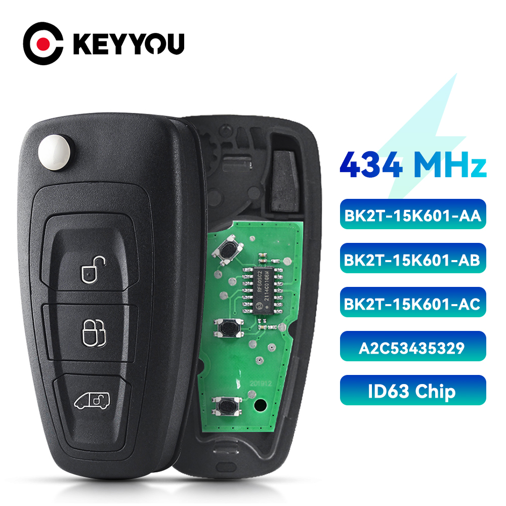 KEYYOU バッテリー付き BK2T-15K601-AA / AB / AC 434MHz ASK 4D (83) チップ車のキーフォード Tourneo トランジットカスタムリモートフリップキー