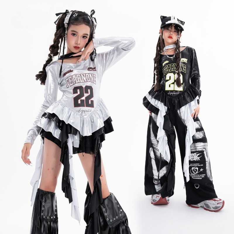 Girls Hip Hop Dance Outfits Silver Long Sleeves Top Casual Pants Fashion Catwalk Costume Group Streetwear Stage Performance Wear