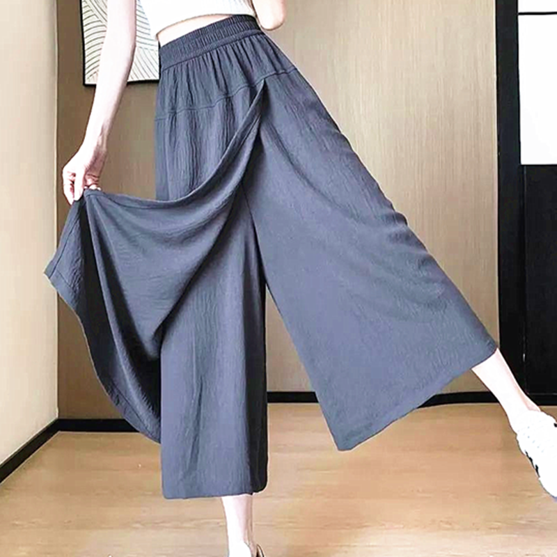 夏のスカートパンツ新しい2回着用ルーズフィギュアワイドレッグパンツ女性の小さな新鮮なクロップドパンツ