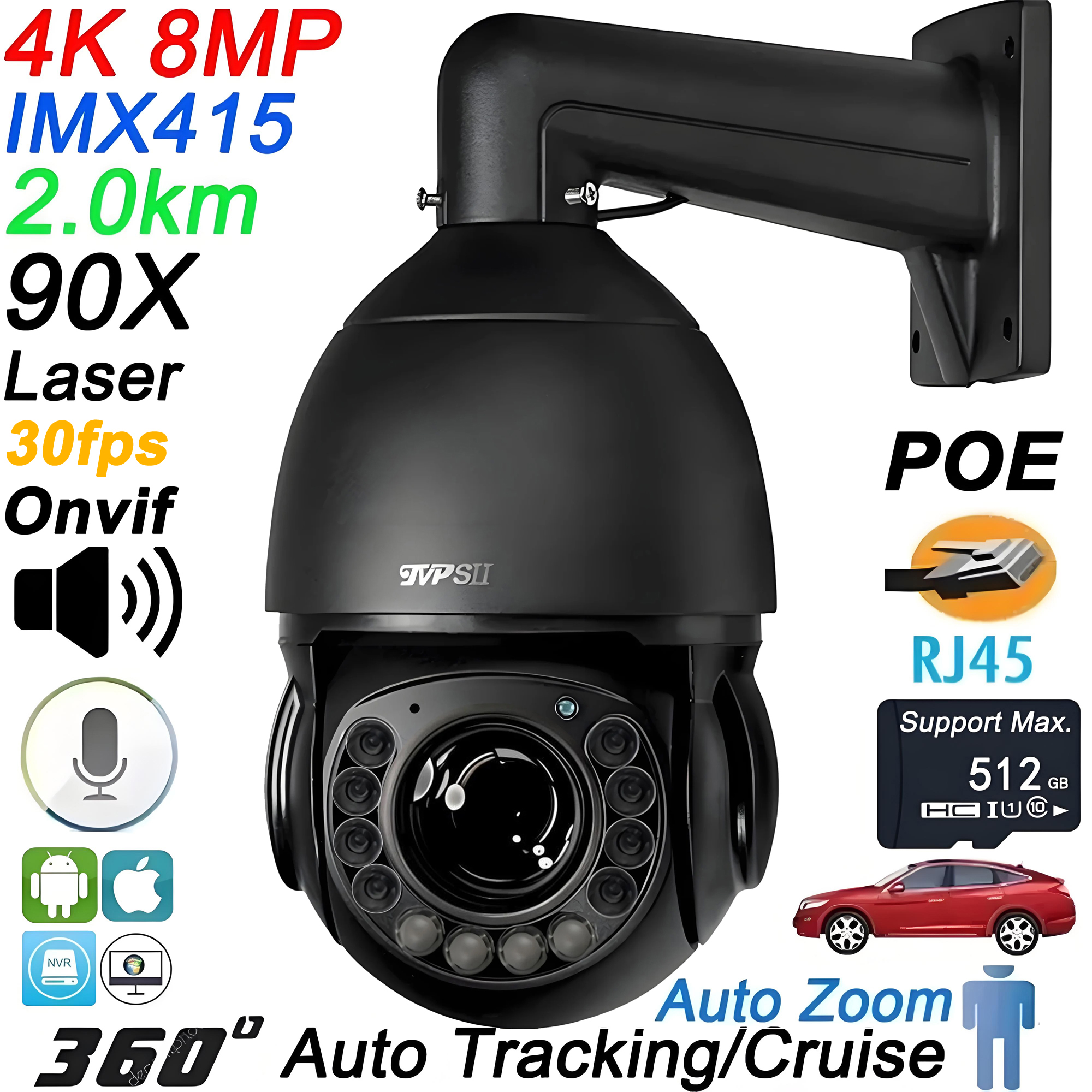 Max.512G レーザー赤外線 Onvif 金属自動追跡 8MP 4K 30fps 60X 光学ズーム 360° POE PTZ スピードドーム監視 IP カメラ