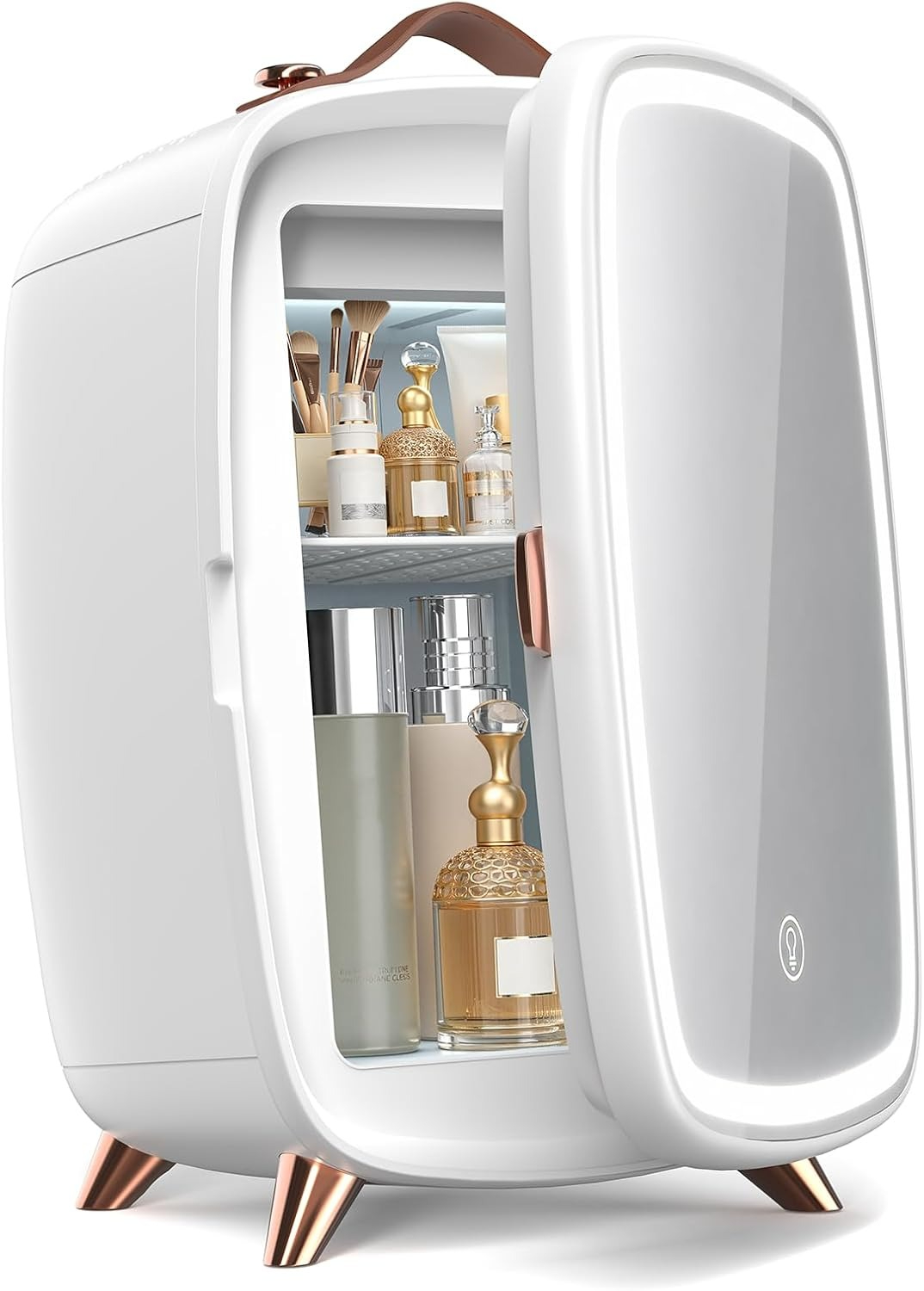 調光可能なLEDミラー付きミニスキンケア冷蔵庫、6L化粧冷蔵庫は8缶収納、7°リーンバックミラーデザイン、ホワイト