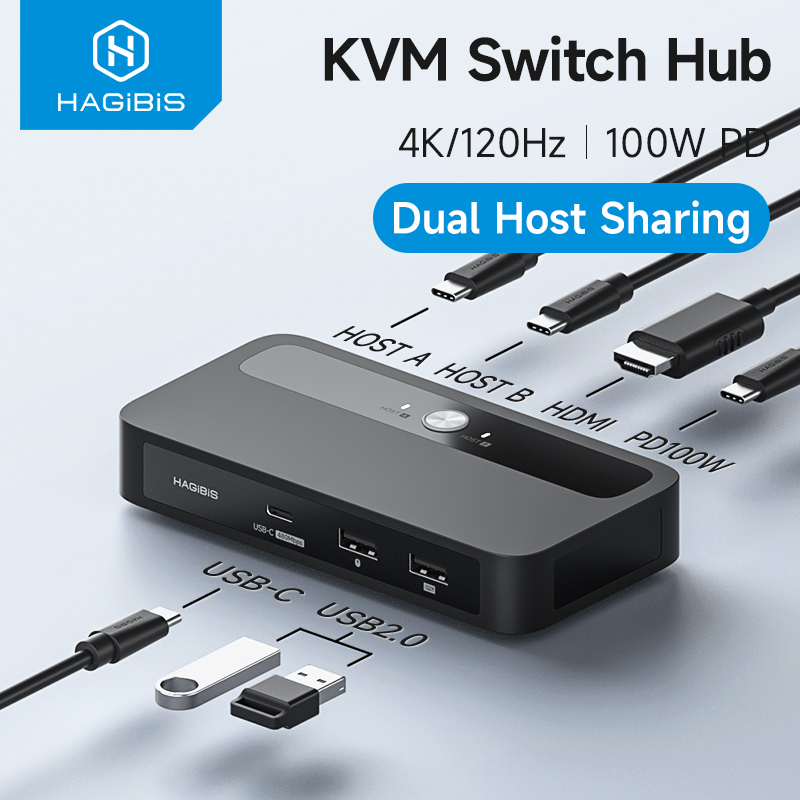 ハギビス USB C KVM スイッチ 1 モニター 2 コンピューター 4K HDMI KVM スイッチ USB ハブ PD 1 モニター共有用 キーボード マウス プリンター
