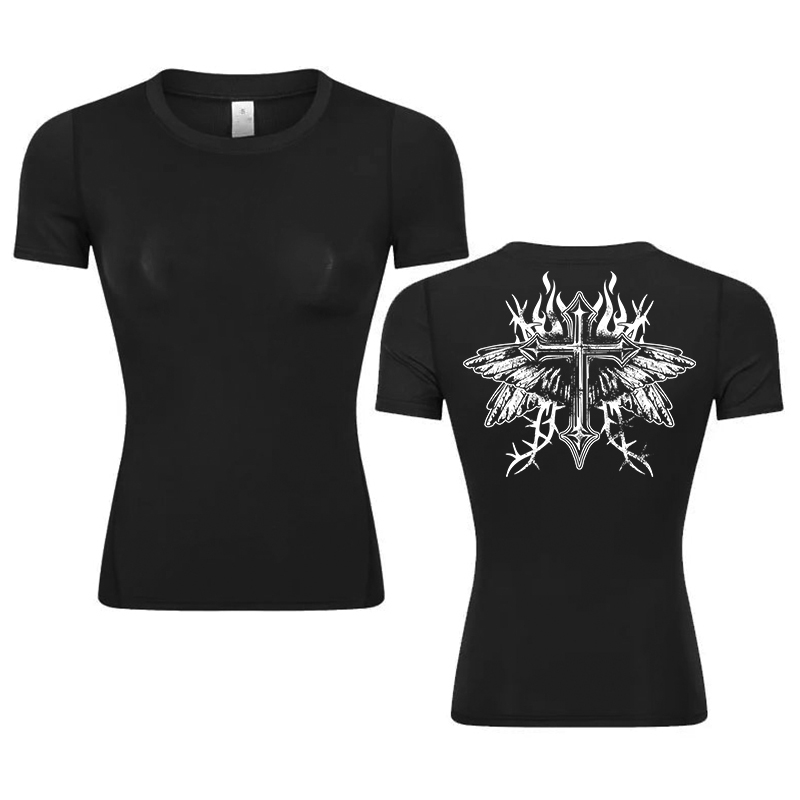 クロスプリント圧縮シャツ女性クリスチャンアスレチックヨガワークアウトランニング Tシャツ Tシャツ夏クルーネック半袖トップス