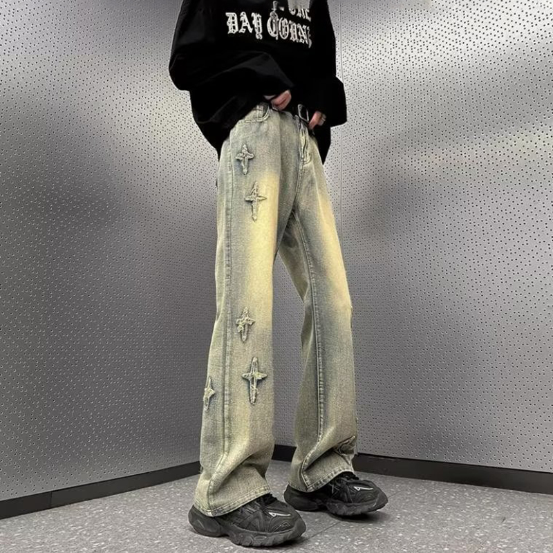 韓国レトロマイクロフレアワイドレッグパンツイエローマッドジーンズスターデザインメンズストレートレッグパンツレジャー特大パンツ
