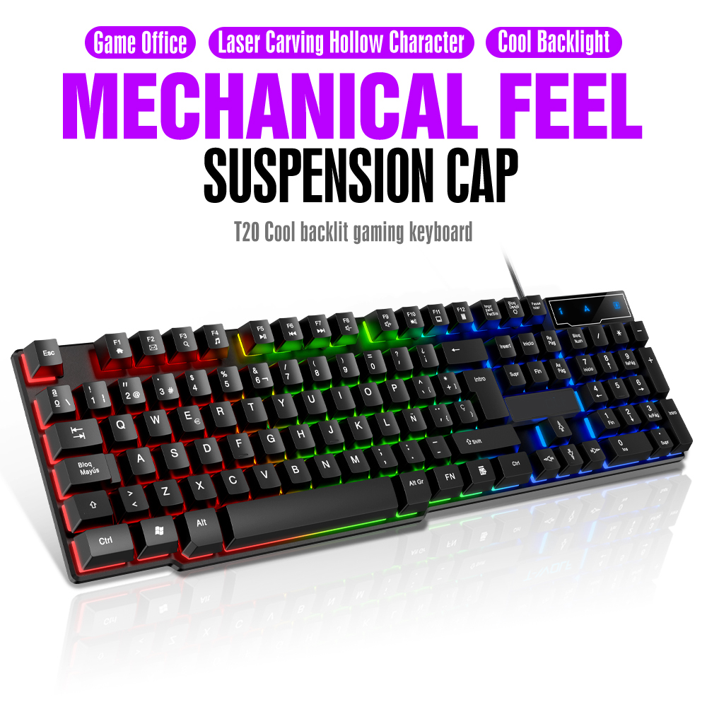 T20 有線キーボードコンピュータアクセサリーロシア語スペイン語キーボード USB ゲーム RGB バックライト付きメカニカルタッチキーキャップ標準 104 キー