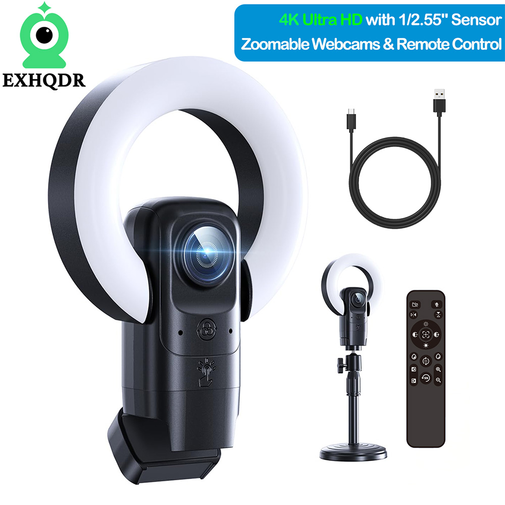 EXHQDR True 4K ストリーミング ウェブカメラ、リングライト、オートフォーカス、フォーカス ロック、リモコン、9X ズーム、USB-C 付き
