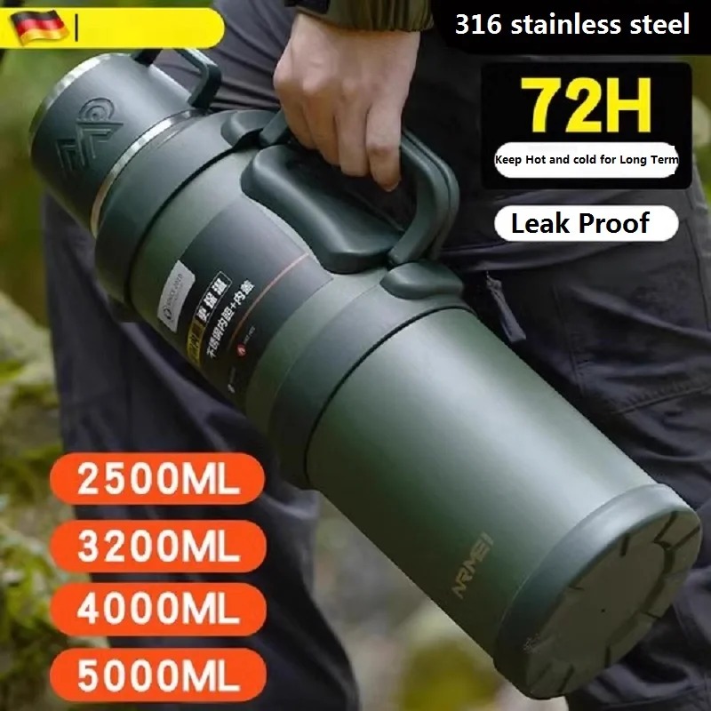ステンレススチール製断熱ウォーターボトル ハンドル付き アウトドア ポータブル 大容量 魔法瓶 72時間保温・保冷
