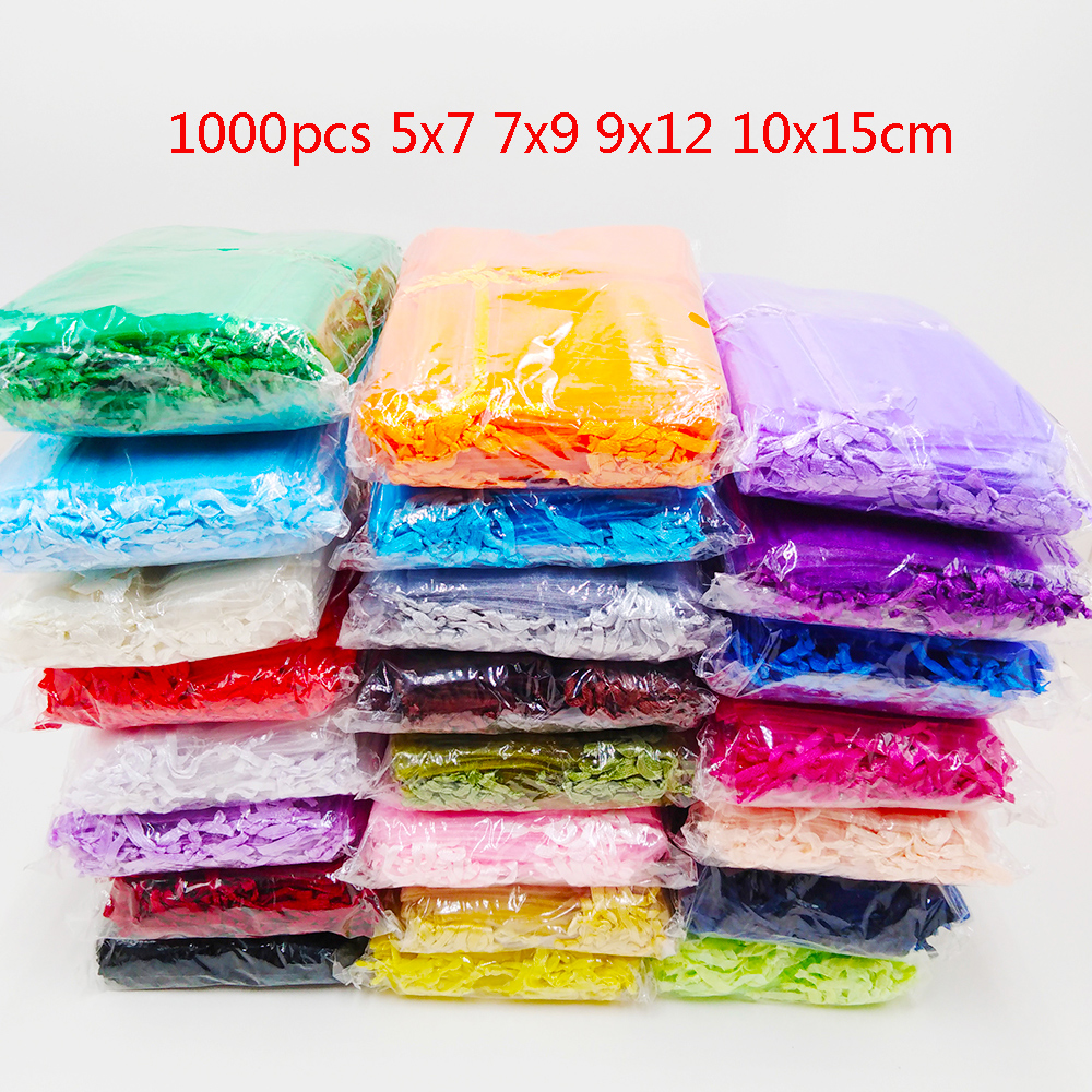 ホット 1000 ピース/ロット 5 × 7 7 × 9 9 × 12 10 × 15 センチメートル巾着オーガンザバッグウェディングパーティークリスマスギフトバッグ好意ジュエリー包装袋ポーチ