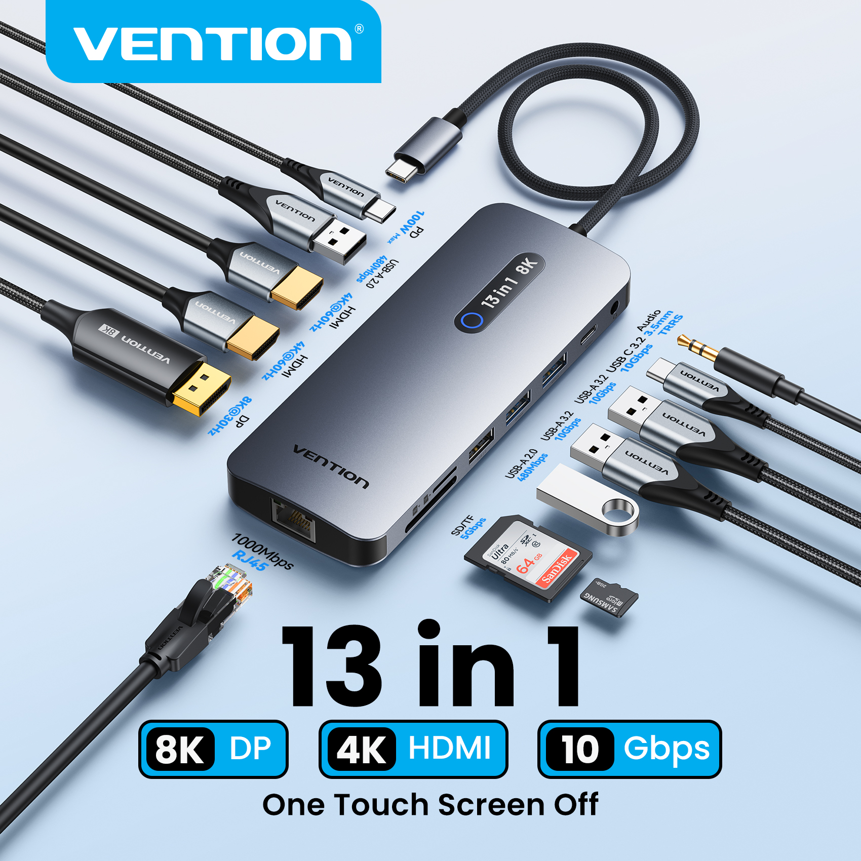 Vention 13 in 1 USB C ドッキングステーション 8K DP トリプルディスプレイ デュアル 4K HDMI USB 3.2 ハブ ワンタッチスクリーンオフ MacBook Pro Windows 用