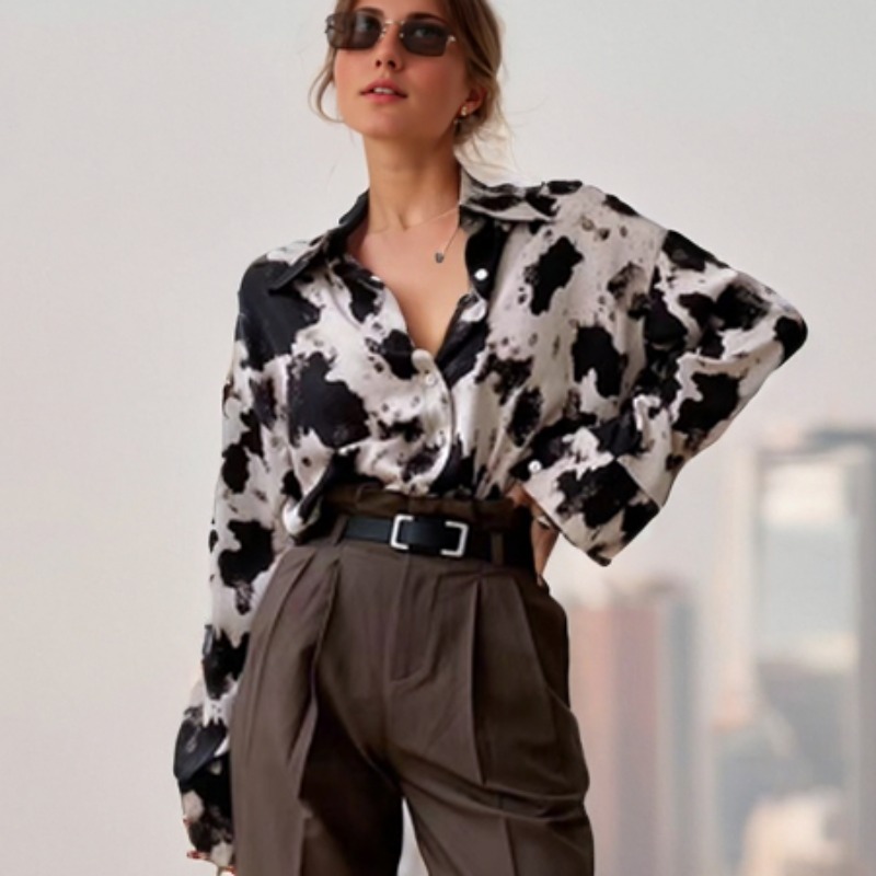 牛プリントボタンアップシャツ女性春プラスサイズトップス韓国のファッション服シフォンストリート長袖ブラウス新 13486