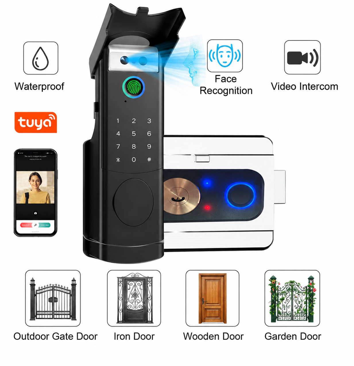 Tuya Wifi ビデオインターホンドアベル防水両面指紋リムロックリモートアプリ電子顔認識スマートロック