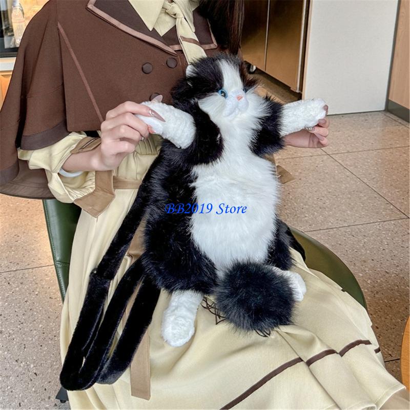 Q0KB ソフトぬいぐるみ猫バックパックリアルな動物デザイン手作りの調節可能なストラップ素晴らしいコンパニオンギフト
