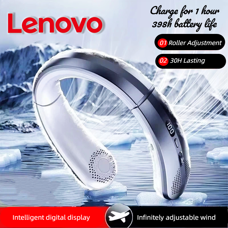 Lenovo 吊り首ファン 8000mAh ポータブルブレードレス USB 充電式ミュート LED デジタルディスプレイ電気クーラー USB ハンドヘルド