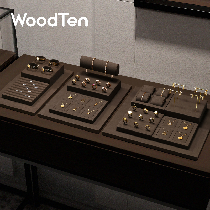 WoodTen ブラウン ジュエリー ディスプレイ小道具 マイクロファイバー リング イヤリング ラック ネックレス ペンダント ウォッチ ジュエリー ウィンドウ ディスプレイ カウンター スタンド
