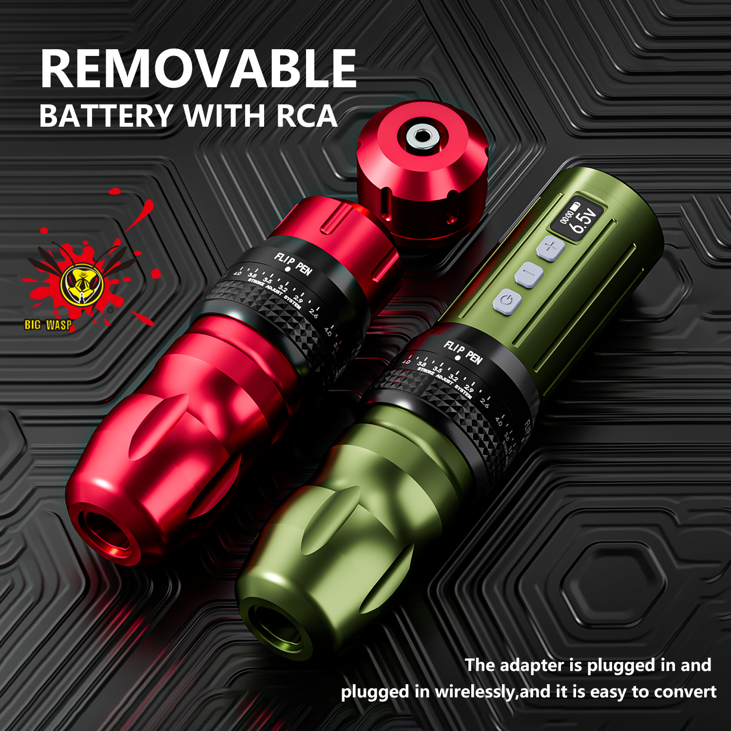 BIGWASP ワイヤレスタトゥーマシンペン 2.6-4.0 ミリメートル調整可能なストローク 2100mAh DC スイスモーター液晶画面バッテリーペンタトゥーアーティスト用