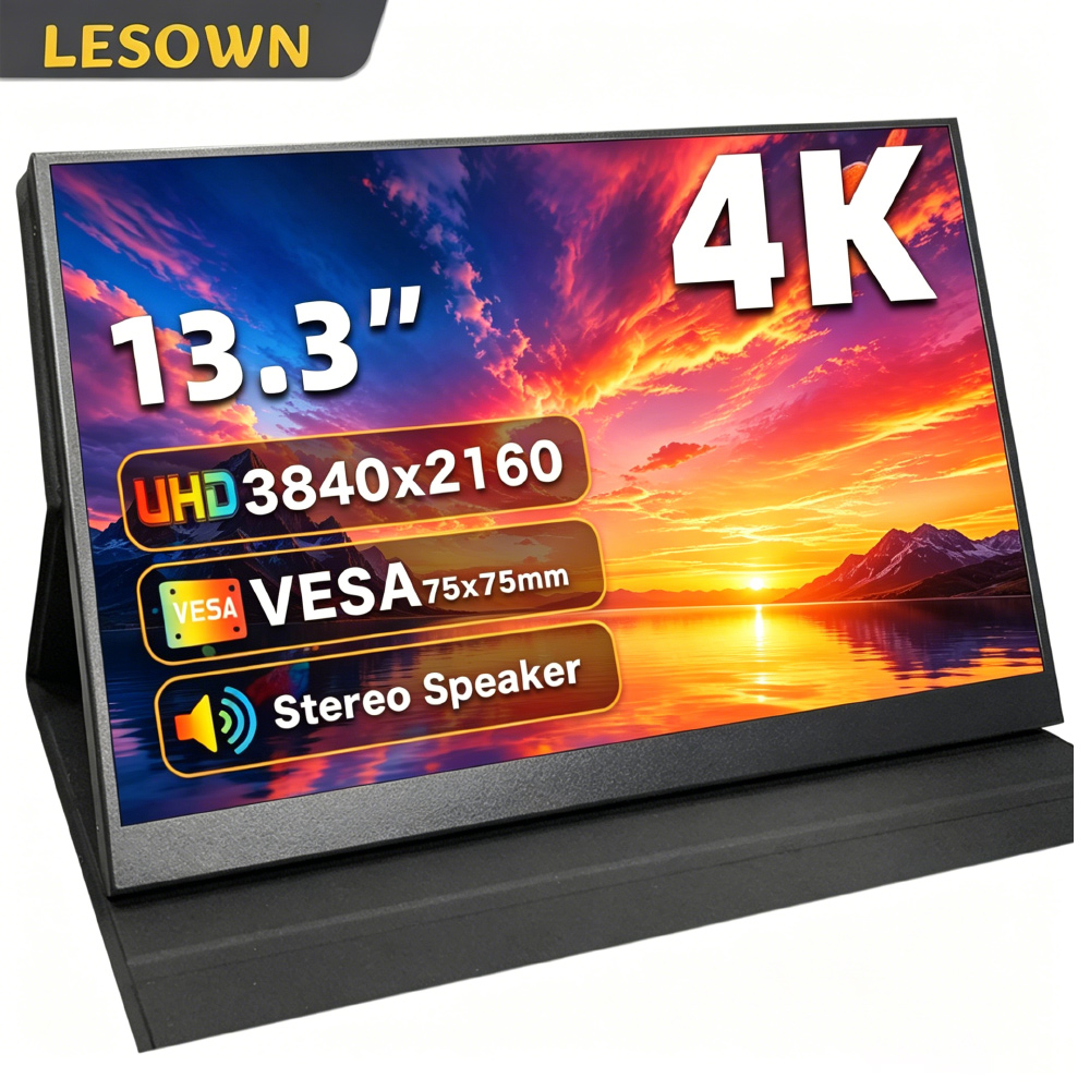 LESOWN 13.3 インチ 4K ポータブル モニター UHD ディスプレイ ドライバー不要の外部スクリーン スピーカー付き ノートパソコン用
