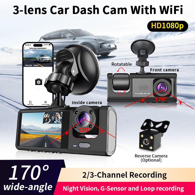 3チャンネルカーダッシュカムHD 1080P GセンサーWiFi APPコントロールフロント