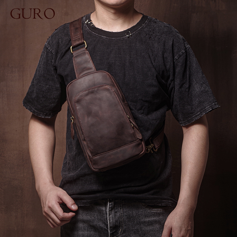 GURO 高級トップクレイジーホース牛革チェストバッグメンズ本革スリングバッグヴィンテージトラベルショルダーバッグ高品質クロスボディ