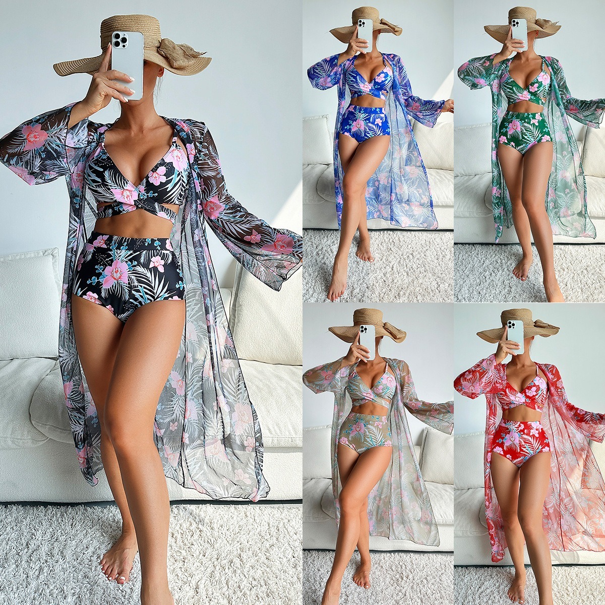 女性 3 ピース花柄ビキニセット V ネックハイカット水着薄手のメッシュ長袖着物カバーアップビーチ水着