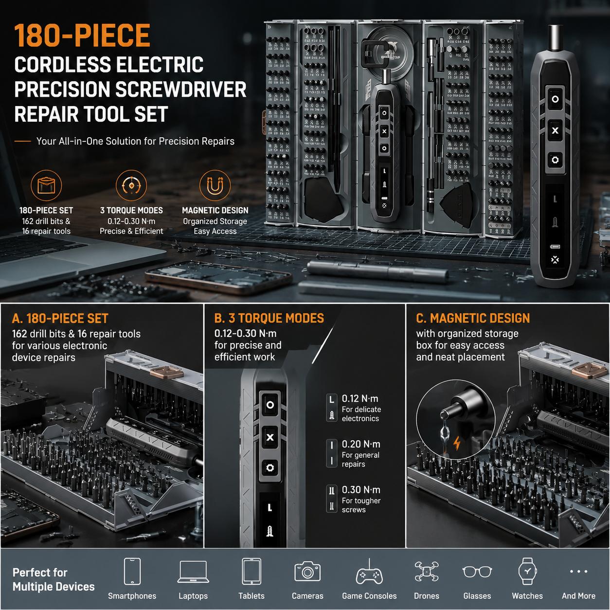 電動ドライバーセット 180 in 1 精密ドライバーキット 3 つのトルクモードと 160 個の磁気ビット付き コードレス修理ツール ホーム DIY 電子機器および家具の組み立て用 充電式バッテリー駆動