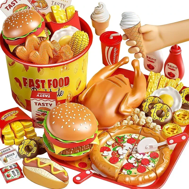 子供キッチンおもちゃセットシミュレーションハンバーガーピザフライを作るごっこ遊び食品調理カッティングゲームモンテッソーリインタラクティブおもちゃギフト