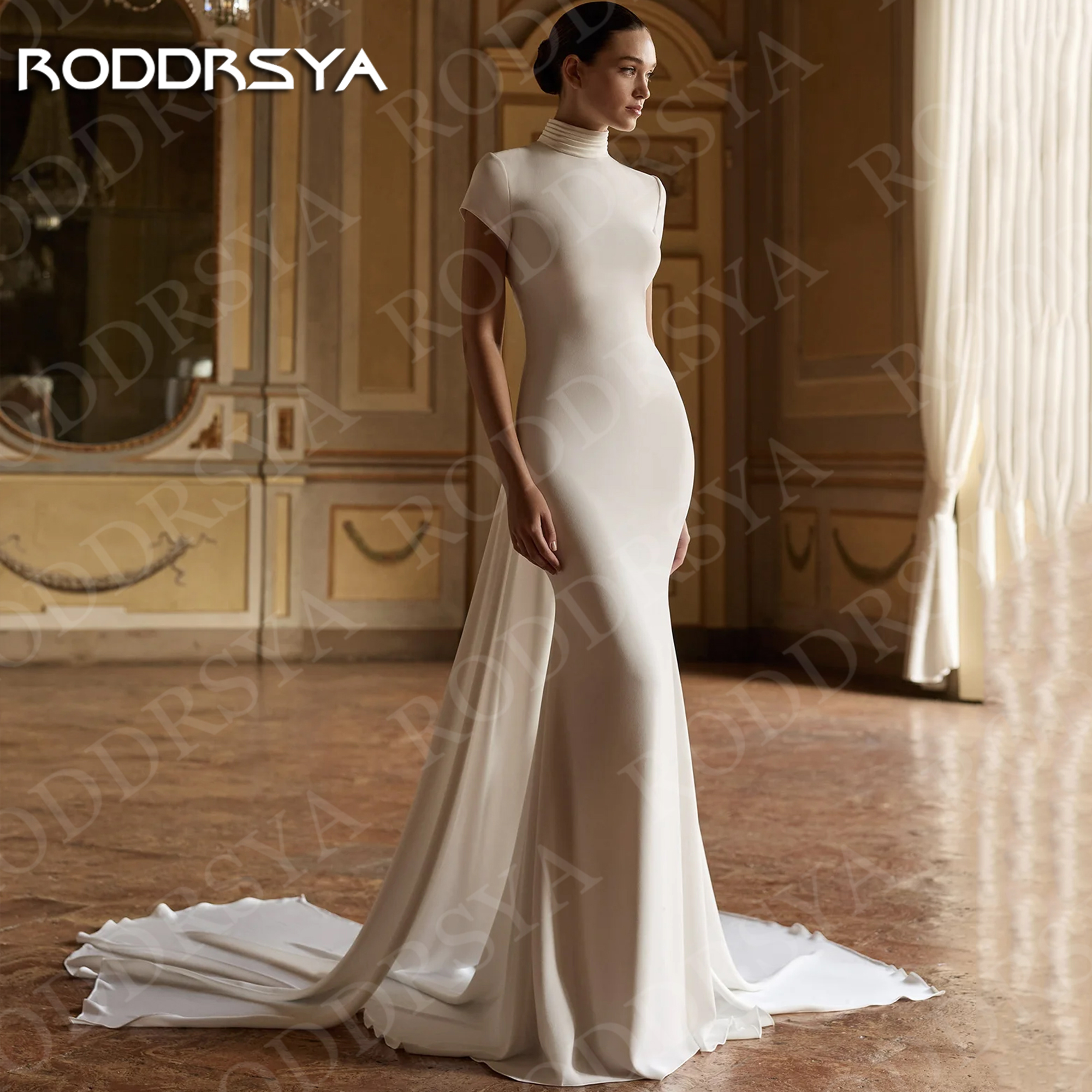 RODDRSYA Wedding Dress Mermaid Open Back Woman Modern High Neck Short Sleeves Civil Bridal Dresses Customized Vestido De Noiva