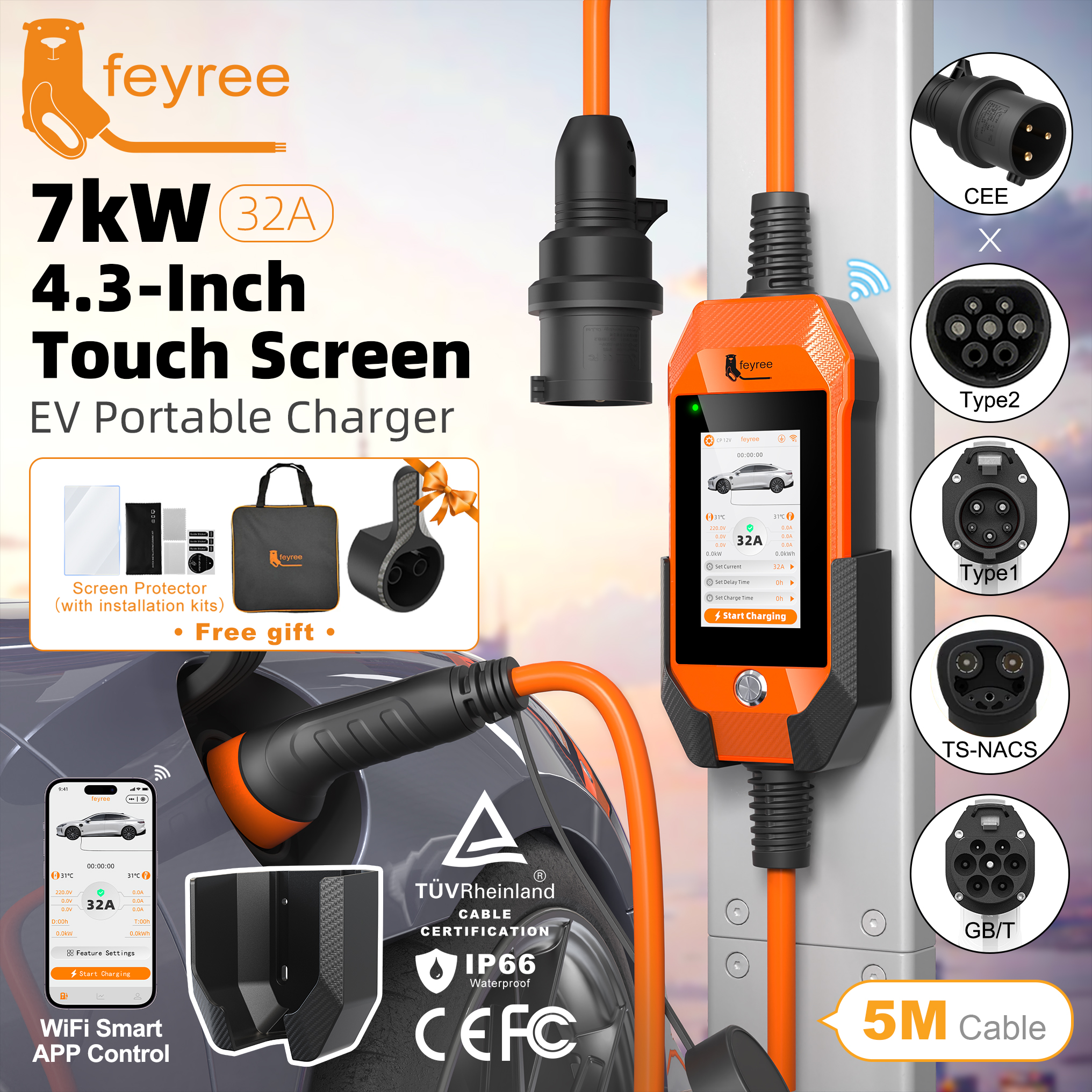 Feyree EV 充電器 32A 7kW 1P 4.3 インチタッチスクリーン Type2 /Type1 /GBT /TS-NACS ポータブル充電器スマート APP WiFi 制御 EV 車用