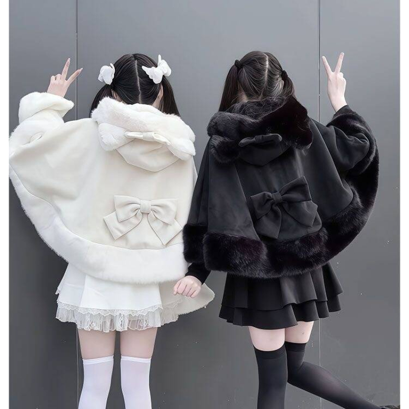 日本のかわいいロリータスタイル豪華なフード付きポンチョコート女性甘い弓ショートジャケットヴィンテージエレガントな冬暖かいマントアウター